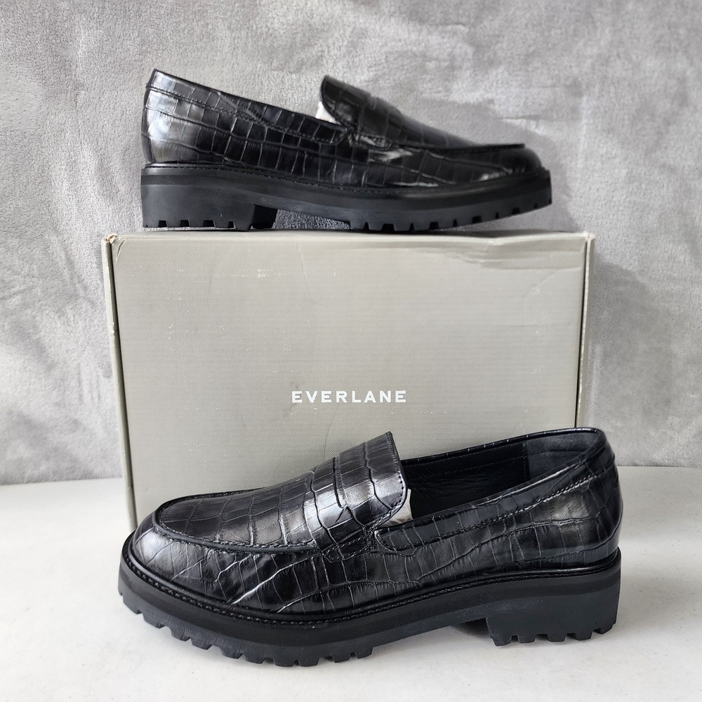 Everlane Loafers Shoes Womens Size 10.5 Black Leather Crocodile Chunky Lug Sole